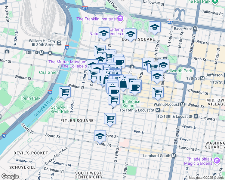 map of restaurants, bars, coffee shops, grocery stores, and more near 2013 Walnut Street in Philadelphia
