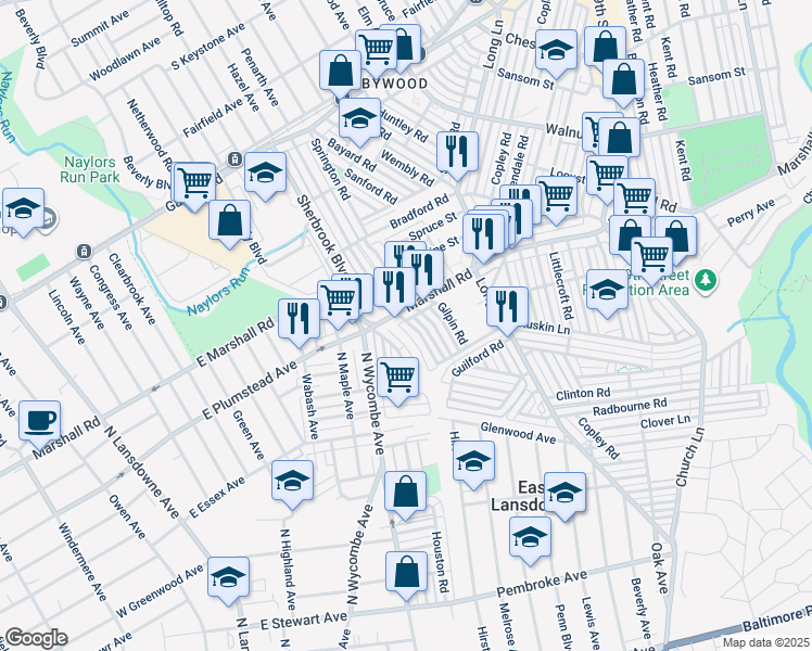 map of restaurants, bars, coffee shops, grocery stores, and more near 92 Springton Road in Upper Darby