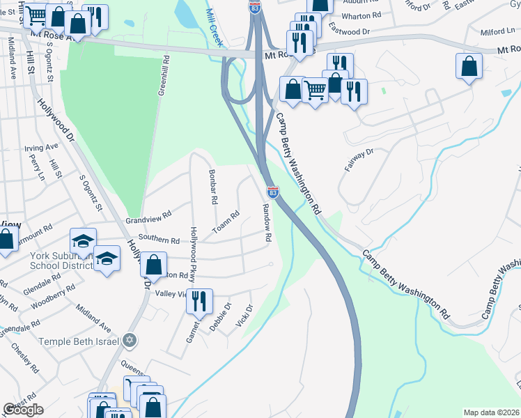 map of restaurants, bars, coffee shops, grocery stores, and more near 1590 Randow Road in York