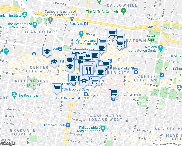 map of restaurants, bars, coffee shops, grocery stores, and more near 1229 Chestnut Street in Philadelphia