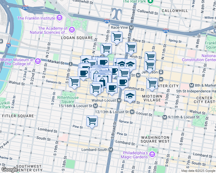map of restaurants, bars, coffee shops, grocery stores, and more near 1500 Chestnut Street in Philadelphia