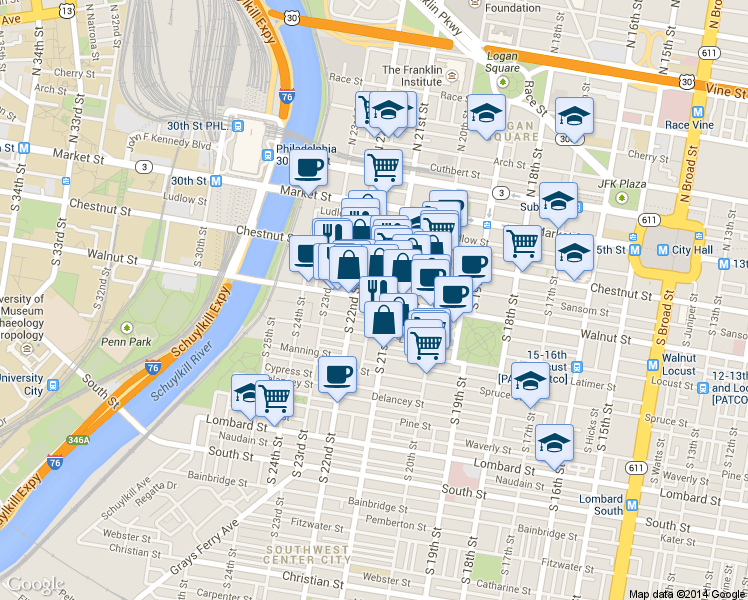 map of restaurants, bars, coffee shops, grocery stores, and more near 2134 Walnut St in Philadelphia
