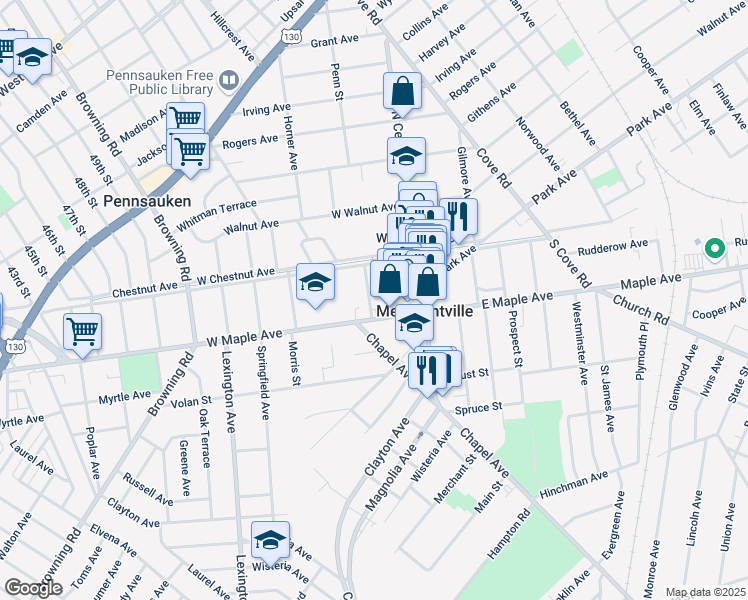 map of restaurants, bars, coffee shops, grocery stores, and more near 33 Alexander Avenue in Merchantville