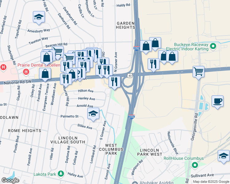 map of restaurants, bars, coffee shops, grocery stores, and more near 72 South Grener Avenue in Columbus