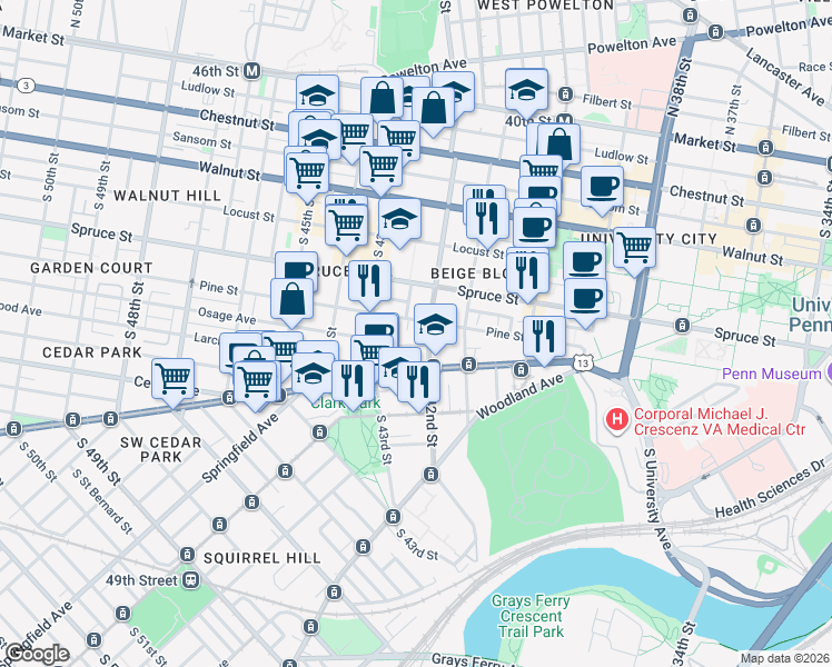 map of restaurants, bars, coffee shops, grocery stores, and more near in Philadelphia