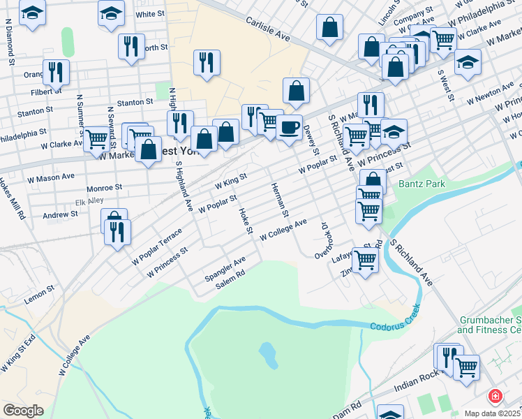 map of restaurants, bars, coffee shops, grocery stores, and more near 1274 West Princess Street in York