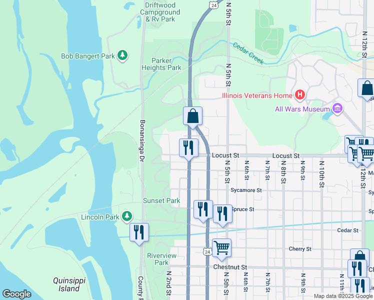 map of restaurants, bars, coffee shops, grocery stores, and more near 1601-1621 Highway 24 in Quincy