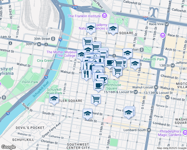 map of restaurants, bars, coffee shops, grocery stores, and more near 2037 Walnut Street in Philadelphia