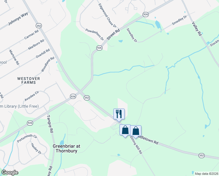 map of restaurants, bars, coffee shops, grocery stores, and more near 1631 Street Road in Glen Mills