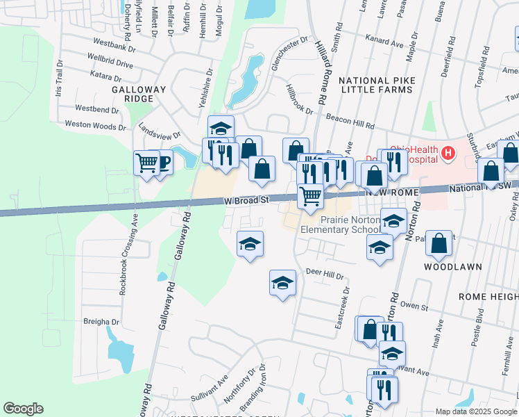 map of restaurants, bars, coffee shops, grocery stores, and more near 5575 West Broad Street in Columbus