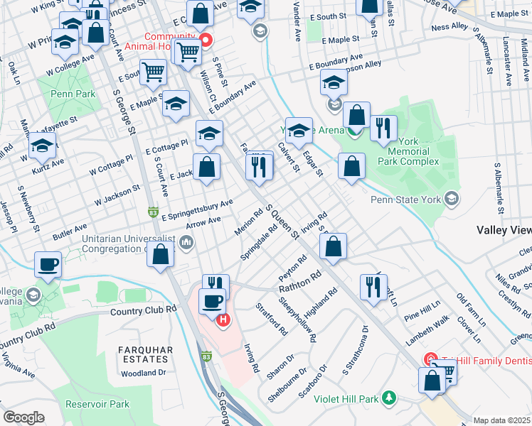 map of restaurants, bars, coffee shops, grocery stores, and more near 190 Merion Road in York