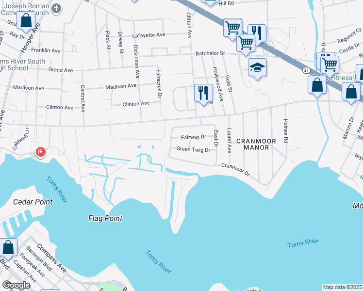 map of restaurants, bars, coffee shops, grocery stores, and more near 8 Green Twig Dr in Toms River