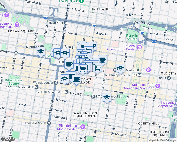 map of restaurants, bars, coffee shops, grocery stores, and more near 1100 Ludlow Street in Philadelphia