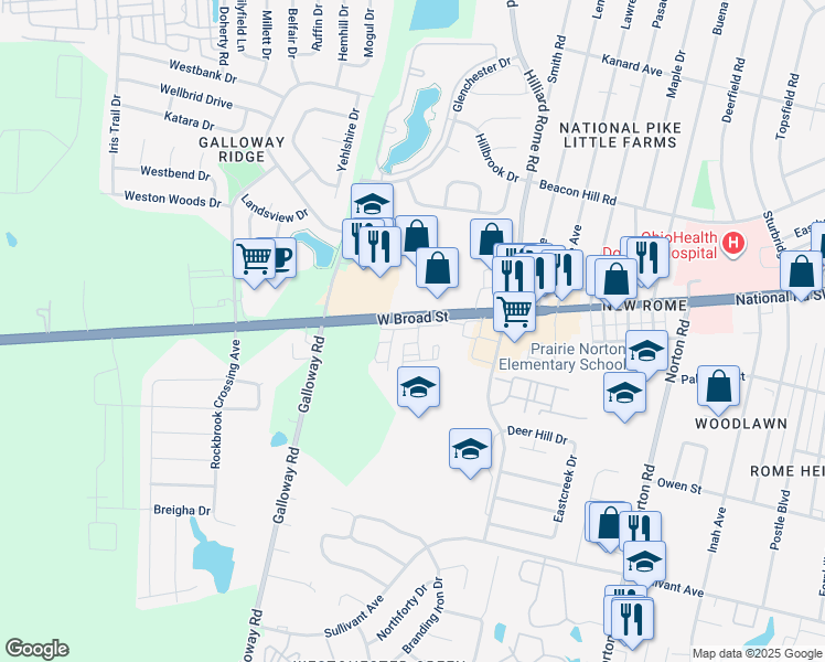 map of restaurants, bars, coffee shops, grocery stores, and more near 5575 West Broad Street in Columbus
