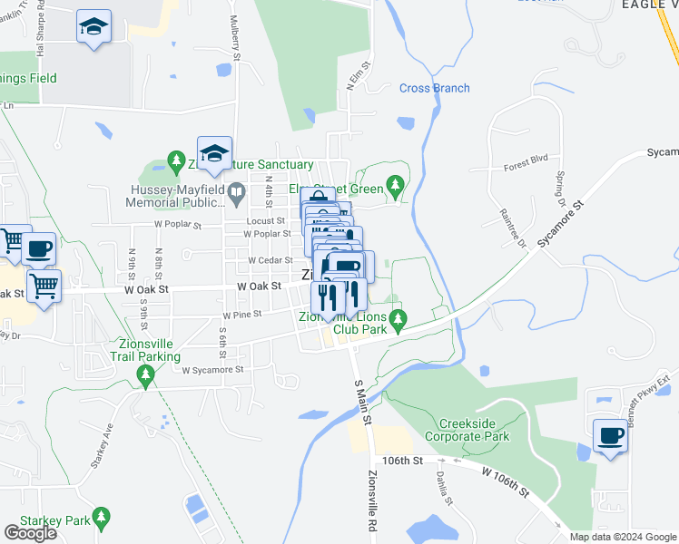 map of restaurants, bars, coffee shops, grocery stores, and more near in Zionsville