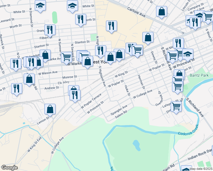 map of restaurants, bars, coffee shops, grocery stores, and more near 131 South Highland Avenue in West York
