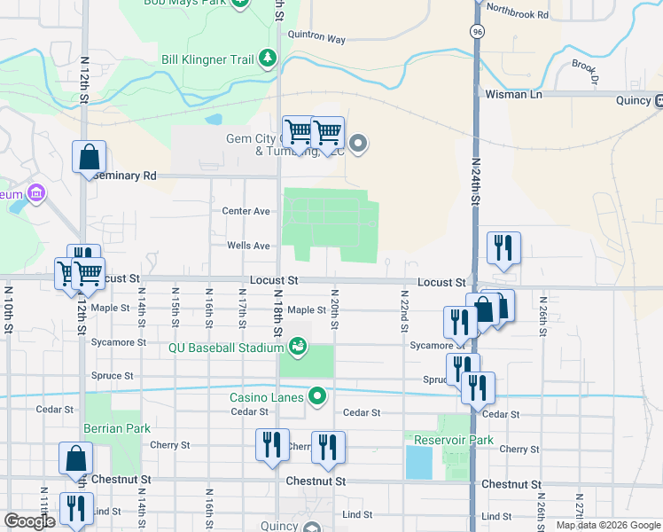 map of restaurants, bars, coffee shops, grocery stores, and more near 1618 North Avenue in Quincy