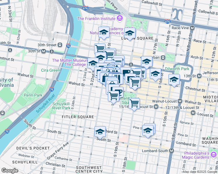 map of restaurants, bars, coffee shops, grocery stores, and more near 2027 Walnut Street in Philadelphia