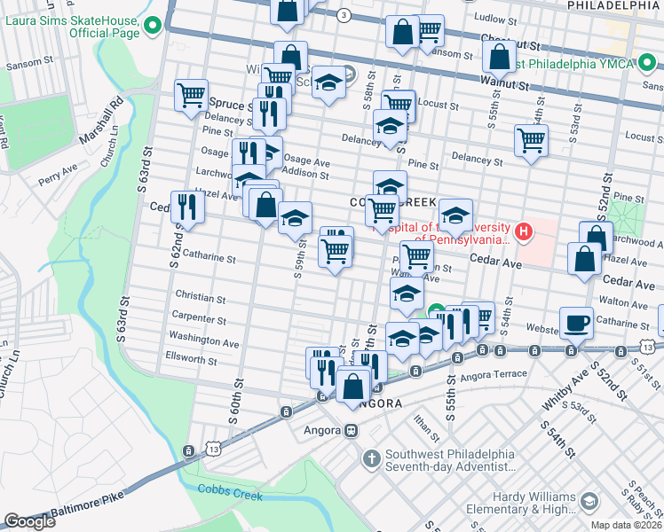 map of restaurants, bars, coffee shops, grocery stores, and more near 5834 Walton Avenue in Philadelphia
