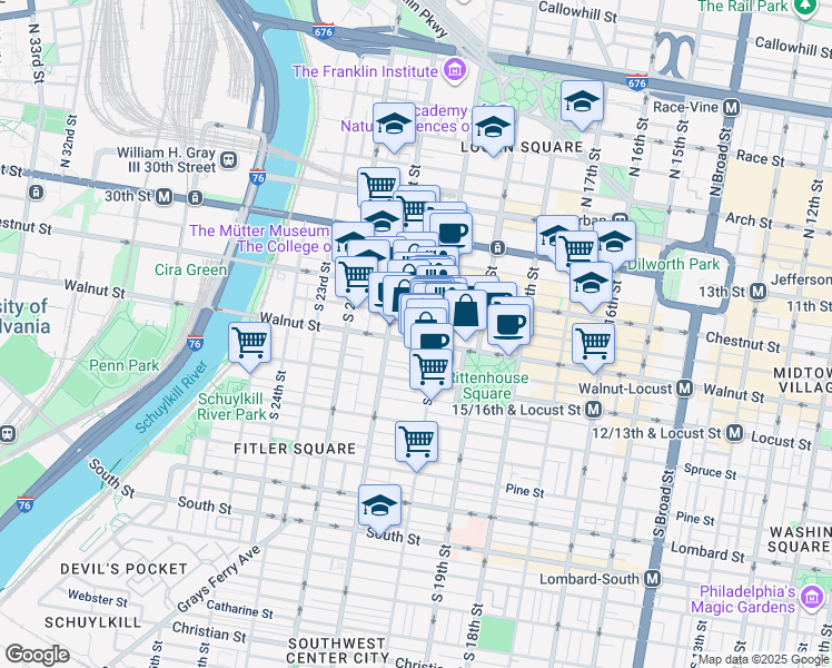 map of restaurants, bars, coffee shops, grocery stores, and more near 2025 Walnut Street in Philadelphia
