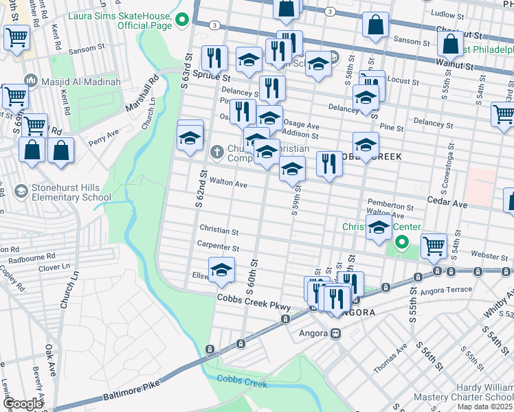 map of restaurants, bars, coffee shops, grocery stores, and more near 700 South 60th Street in Philadelphia