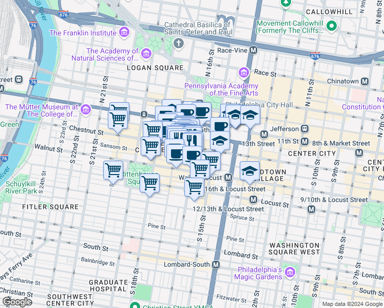 map of restaurants, bars, coffee shops, grocery stores, and more near 108 South 16th Street in Philadelphia