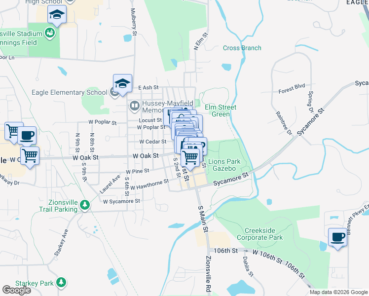 map of restaurants, bars, coffee shops, grocery stores, and more near in Zionsville