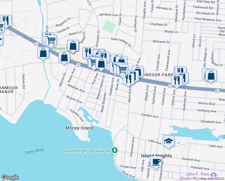 map of restaurants, bars, coffee shops, grocery stores, and more near 70 Gladney Avenue in Toms River