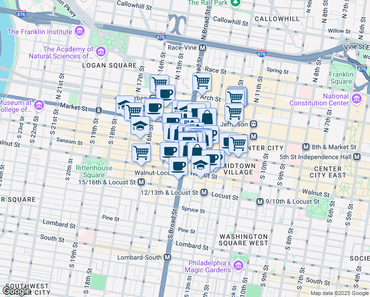 map of restaurants, bars, coffee shops, grocery stores, and more near 1401 Chestnut Street in Philadelphia