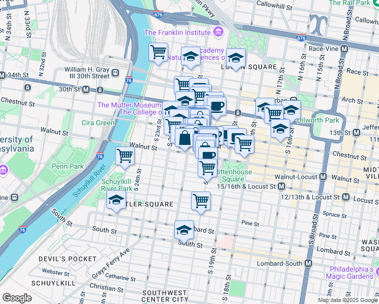map of restaurants, bars, coffee shops, grocery stores, and more near 2051 Walnut Street in Philadelphia
