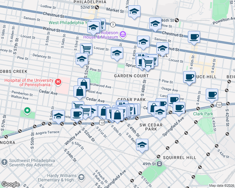 map of restaurants, bars, coffee shops, grocery stores, and more near 4939 Hazel Avenue in Philadelphia