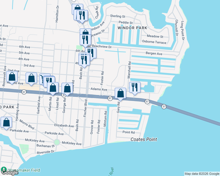 map of restaurants, bars, coffee shops, grocery stores, and more near 3219 Scrimshaw Court in Toms River