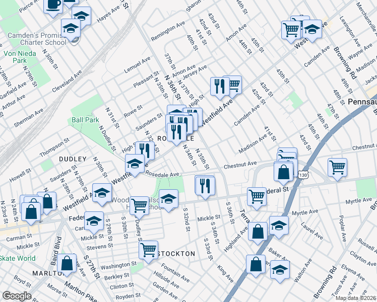 map of restaurants, bars, coffee shops, grocery stores, and more near 161 North 34th Street in Camden