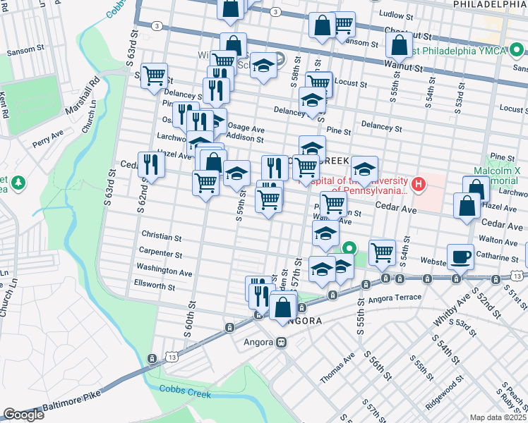 map of restaurants, bars, coffee shops, grocery stores, and more near 5816 Walton Avenue in Philadelphia