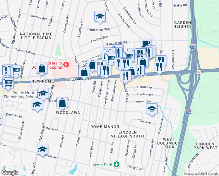 map of restaurants, bars, coffee shops, grocery stores, and more near 58 Evergreen Terrace in Columbus