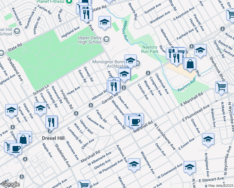 map of restaurants, bars, coffee shops, grocery stores, and more near Garrett Rd & Owen Ave in Drexel Hill