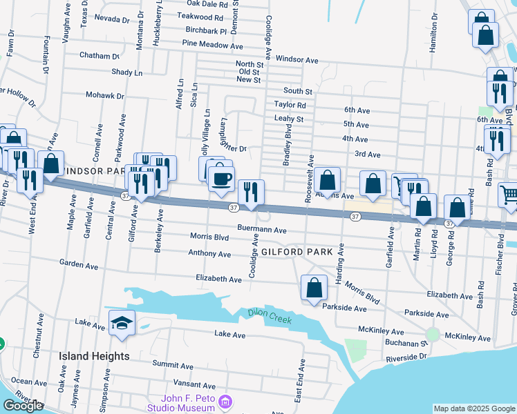 map of restaurants, bars, coffee shops, grocery stores, and more near New Jersey 37 & Coolidge Ave in Toms River