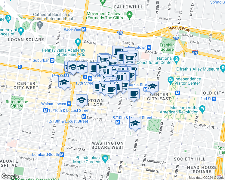 map of restaurants, bars, coffee shops, grocery stores, and more near 21 South 11th Street in Philadelphia