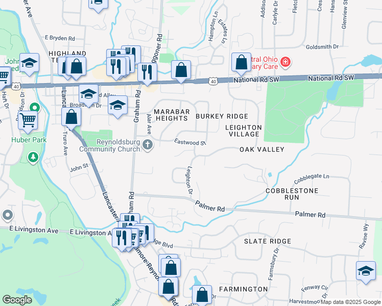 map of restaurants, bars, coffee shops, grocery stores, and more near 1665 Long Spur Drive in Reynoldsburg