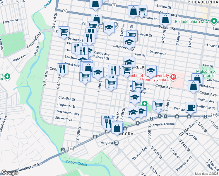 map of restaurants, bars, coffee shops, grocery stores, and more near 5814 Walton Avenue in Philadelphia
