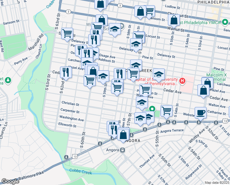 map of restaurants, bars, coffee shops, grocery stores, and more near 5816 Walton Avenue in Philadelphia