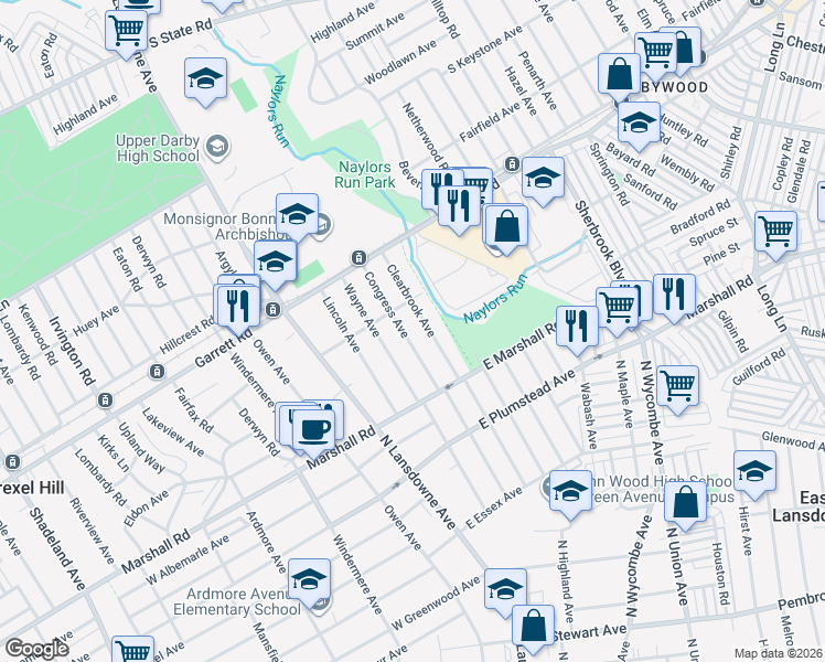 map of restaurants, bars, coffee shops, grocery stores, and more near 327 Congress Avenue in Lansdowne
