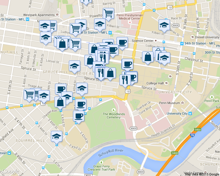 map of restaurants, bars, coffee shops, grocery stores, and more near 3922 Delancey Street in Philadelphia