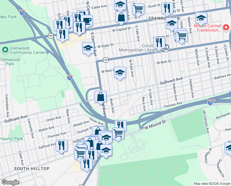 map of restaurants, bars, coffee shops, grocery stores, and more near 1356 Sullivant Avenue in Columbus