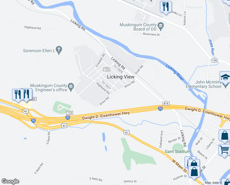 map of restaurants, bars, coffee shops, grocery stores, and more near 301 Knox Road in Zanesville