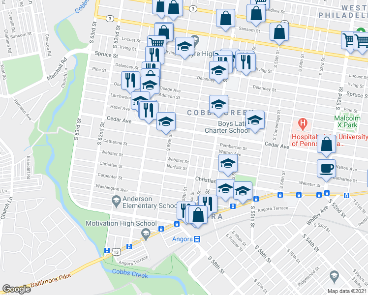 map of restaurants, bars, coffee shops, grocery stores, and more near 5820 Walton Avenue in Philadelphia
