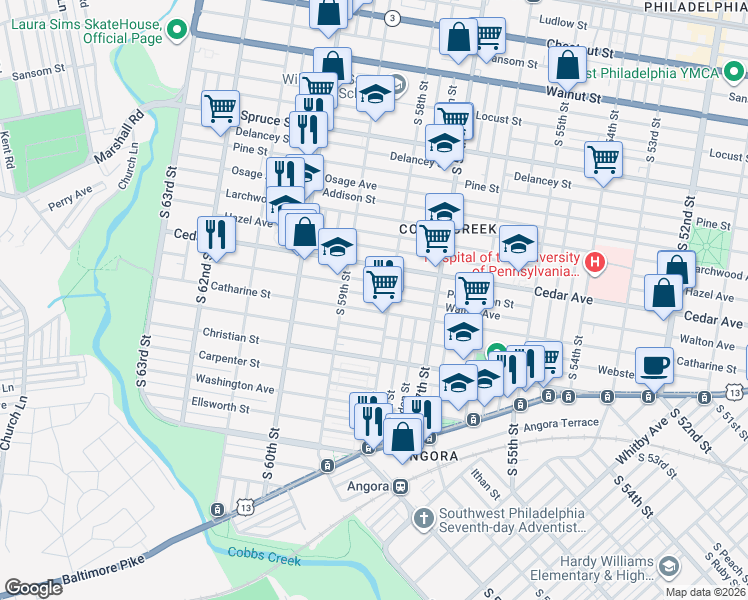 map of restaurants, bars, coffee shops, grocery stores, and more near 5834 Walton Avenue in Philadelphia