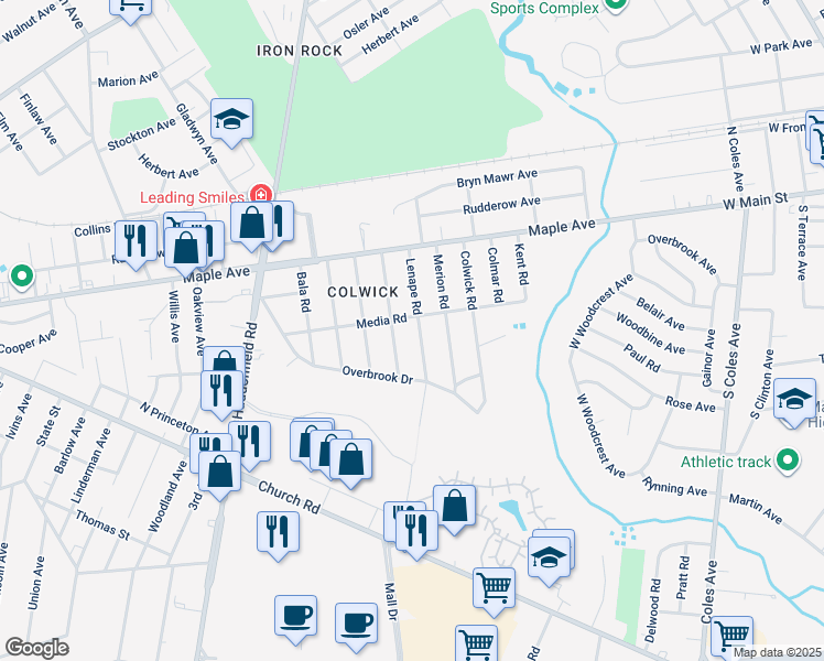 map of restaurants, bars, coffee shops, grocery stores, and more near 104 Lenape Road in Cherry Hill
