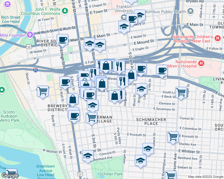 map of restaurants, bars, coffee shops, grocery stores, and more near 228 East Beck Street in Columbus