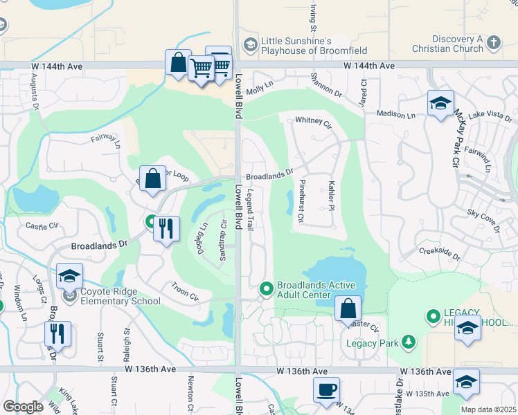 map of restaurants, bars, coffee shops, grocery stores, and more near 13873 Legend Way in Broomfield